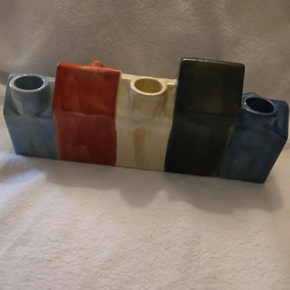 Red White Blue Ceramic Candle Holder Row of Houses 9”x4.5”x2” Holds 3 Candles